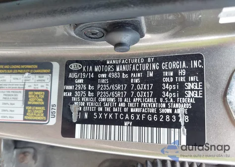 2015 Kia Sorento Lx из США, поврежденный, VIN 5XYKTCA6XFG628378